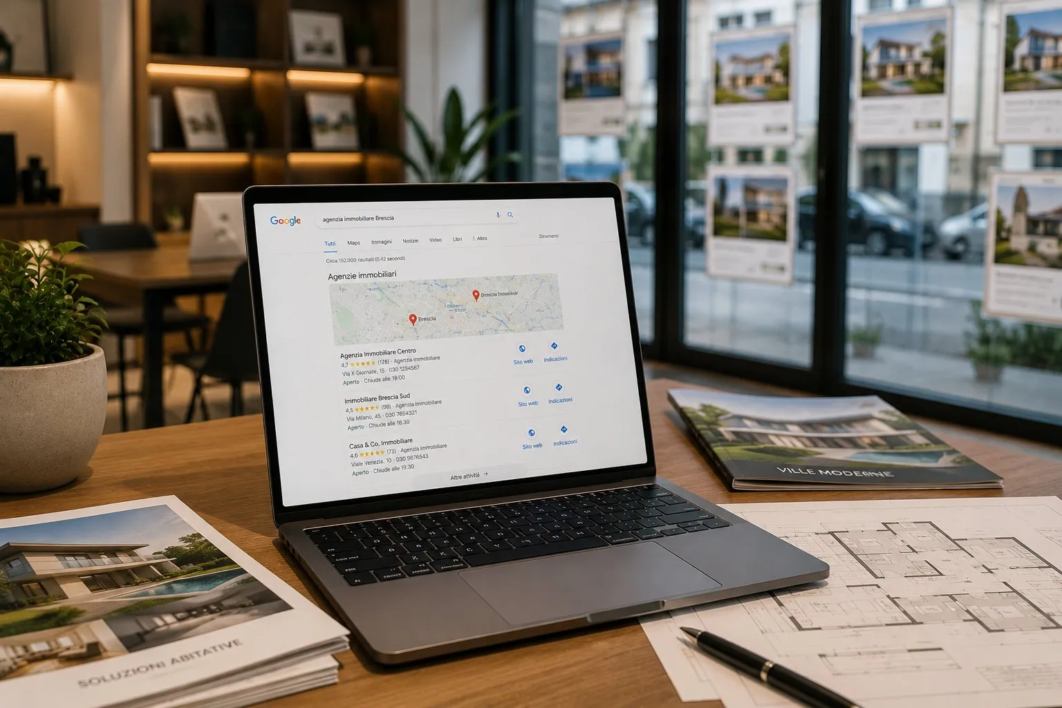 SEO per Agenzie Immobiliari: Guida Completa 9 Laptop in agenzia immobiliare con Google local pack per agenzia immobiliare Brescia, tre risultati con mappa e recensioni