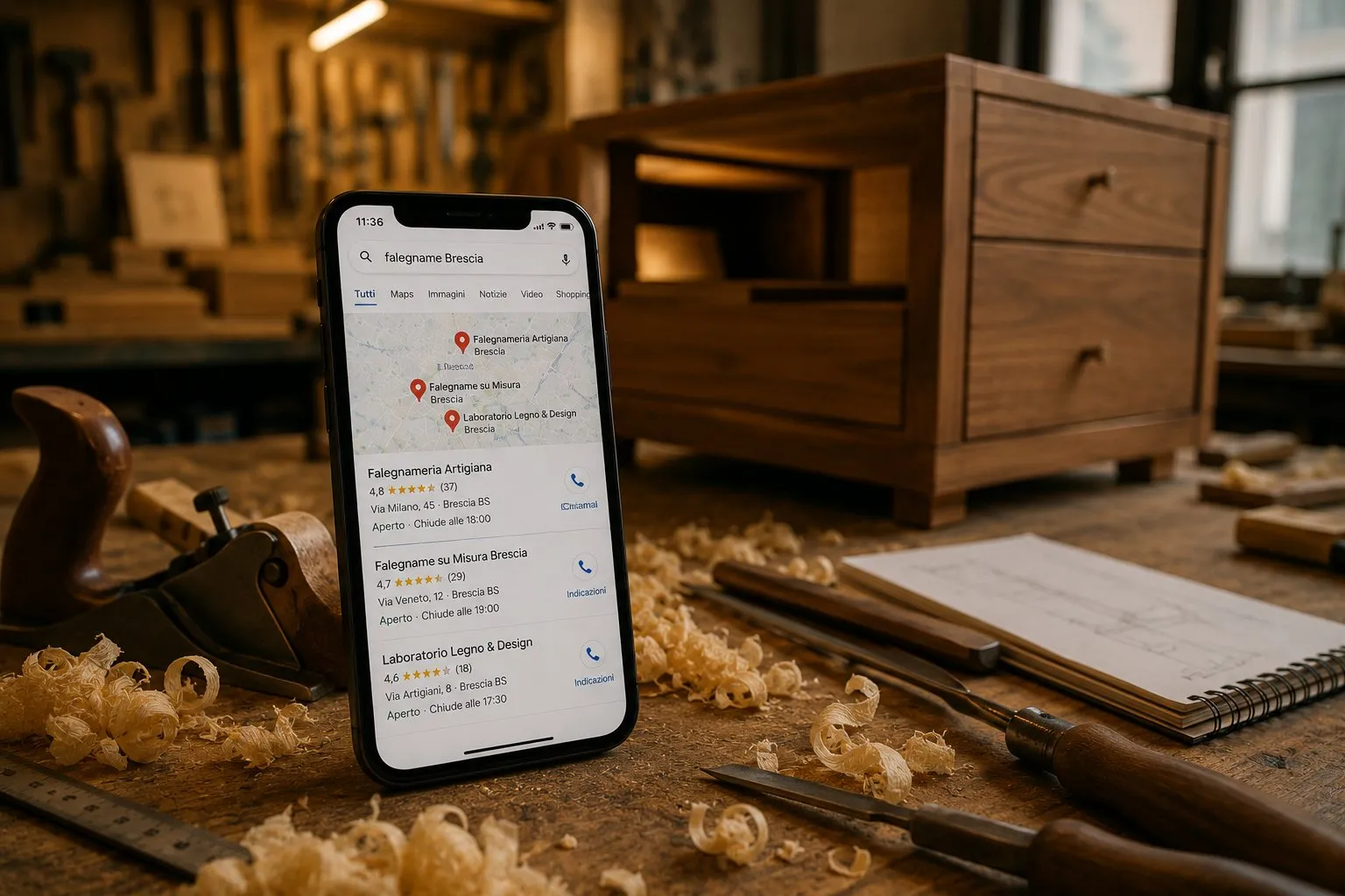 SEO per Artigiani e Piccole Imprese Locali 5 Smartphone in laboratorio falegnameria con Google local pack per falegname Brescia, tre risultati con recensioni e mappa