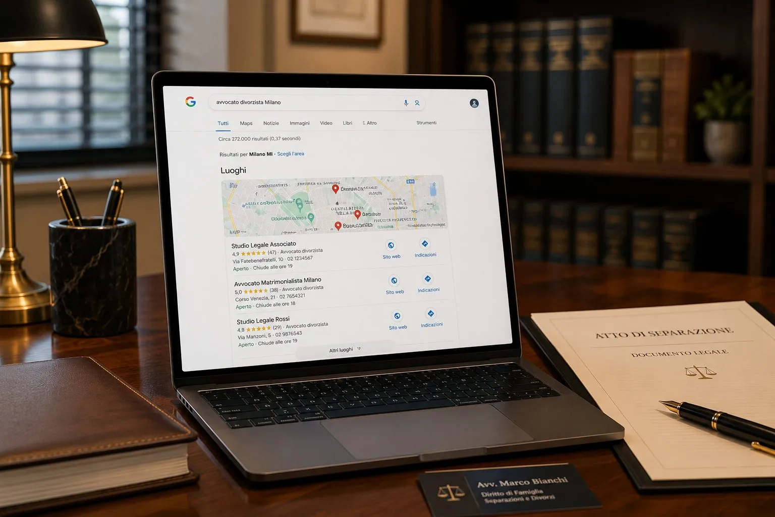SEO per Studi Legali: Guida per Avvocati 13 Laptop su scrivania studio legale con Google local pack per avvocato divorzista Milano, tre risultati con recensioni e mappa