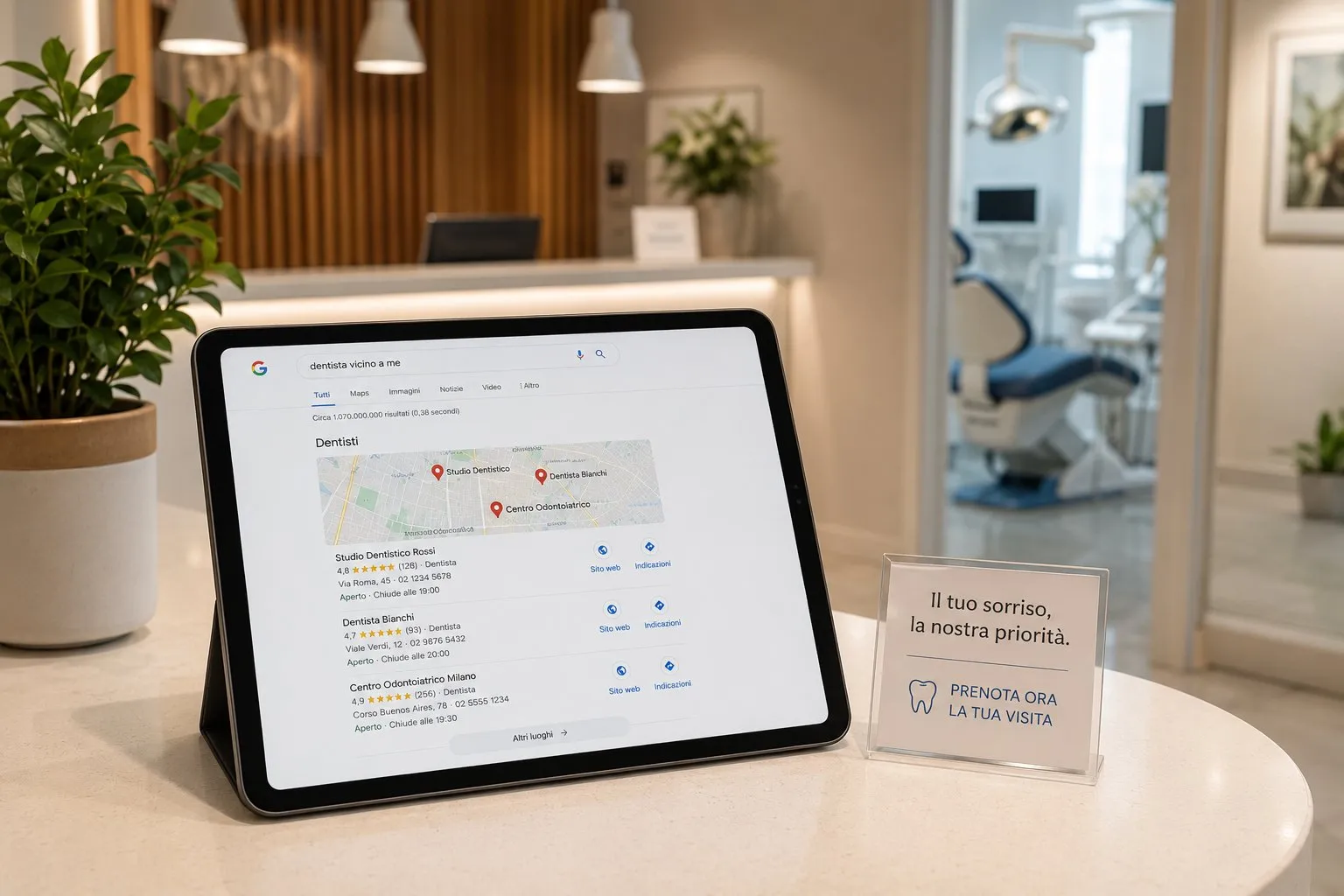 SEO per Dentisti e Studi Medici: Guida Completa 11 Tablet in reception studio dentistico con Google local pack per dentista vicino a me, tre risultati con recensioni e mappa