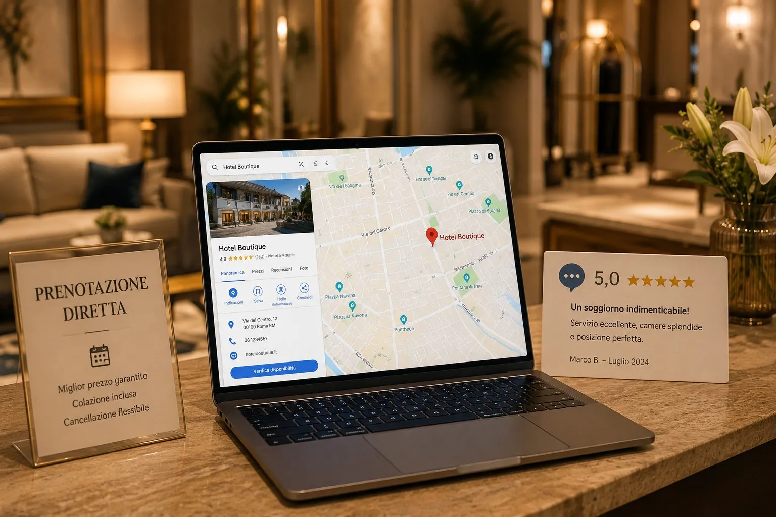 SEO per Hotel e Strutture Ricettive 15 Laptop in reception hotel con Google Business Profile e mappa, cartello prenotazione diretta e card recensione 5 stelle