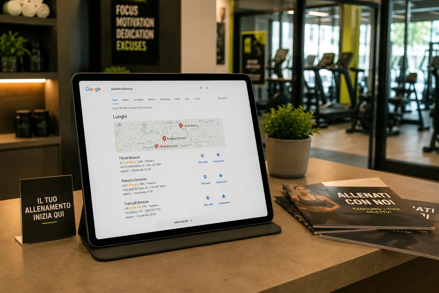 SEO per Palestre e Centri Fitness: Guida 7 Tablet in reception palestra con Google local pack per palestra Brescia, tre risultati con recensioni, mappa e brochure