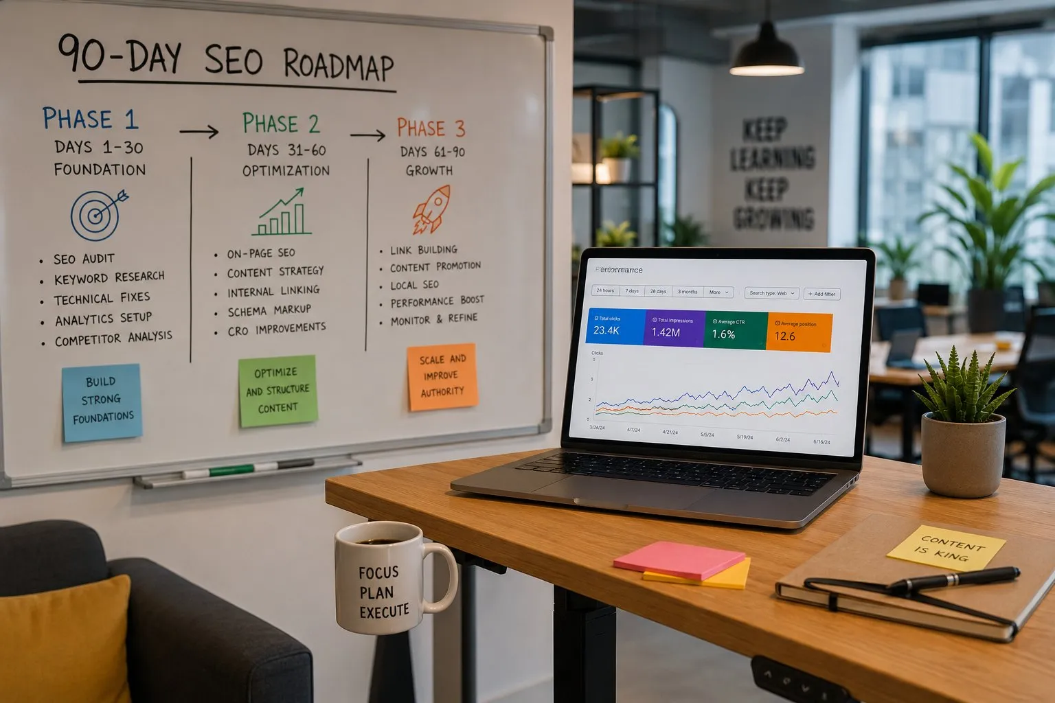 SEO per Startup: Guida alla Crescita Organica 1 Lavagna con SEO roadmap 90 giorni in 3 fasi e laptop con Search Console in crescita, post-it Focus Plan Execute