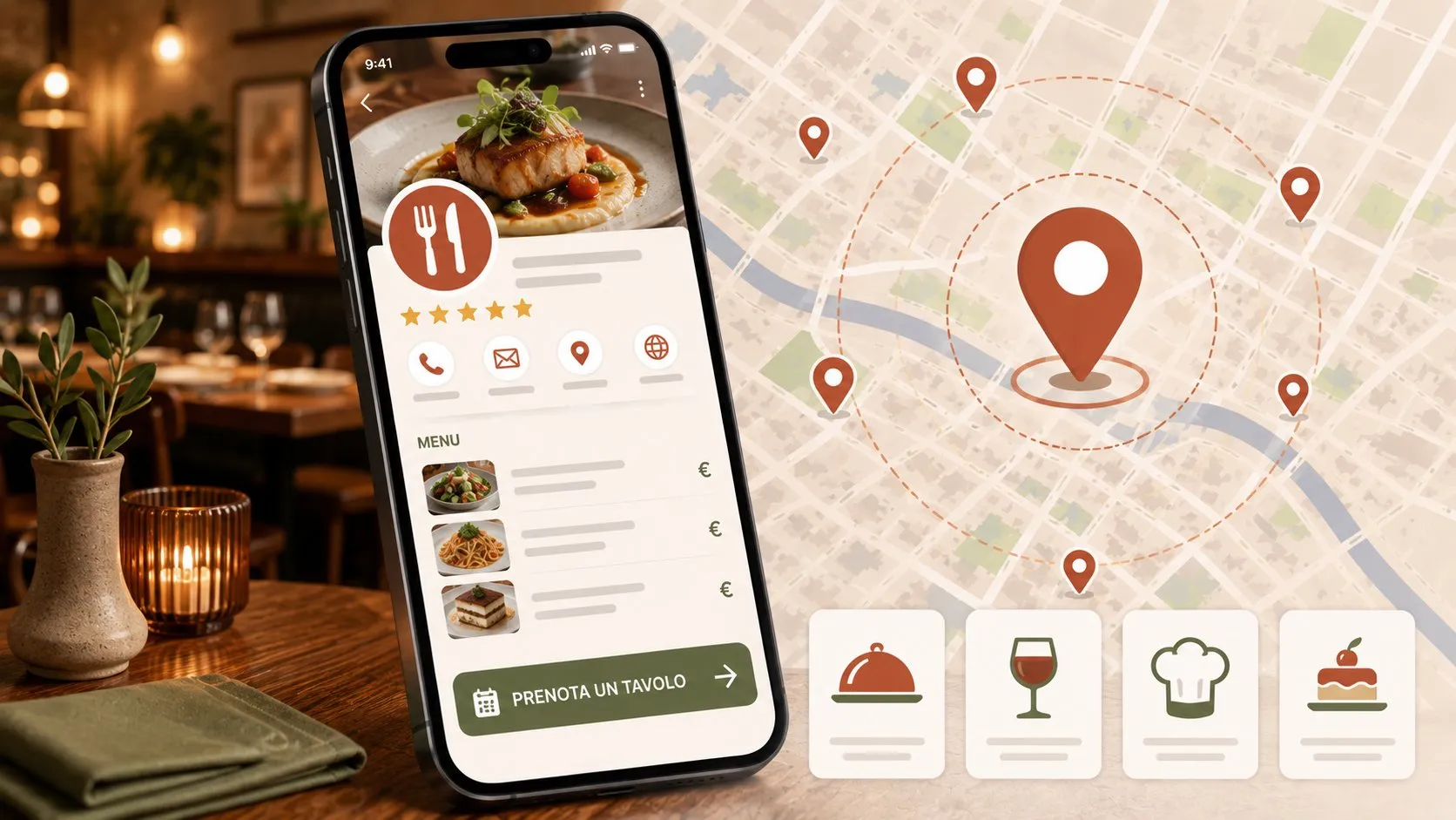 Sito web per ristoranti: come trasformare le ricerche in coperti 17 Smartphone con scheda Google Business ristorante, menu con foto piatti e pulsante prenota tavolo, mappa local pack con pin