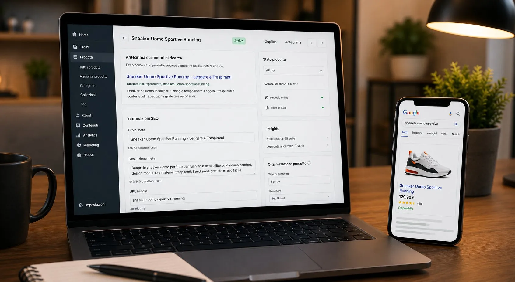 SEO Shopify: Ottimizzazione per il Mercato Italiano 5 Laptop con backend Shopify sezione SEO prodotto e anteprima snippet, accanto a smartphone con risultato Google Shopping