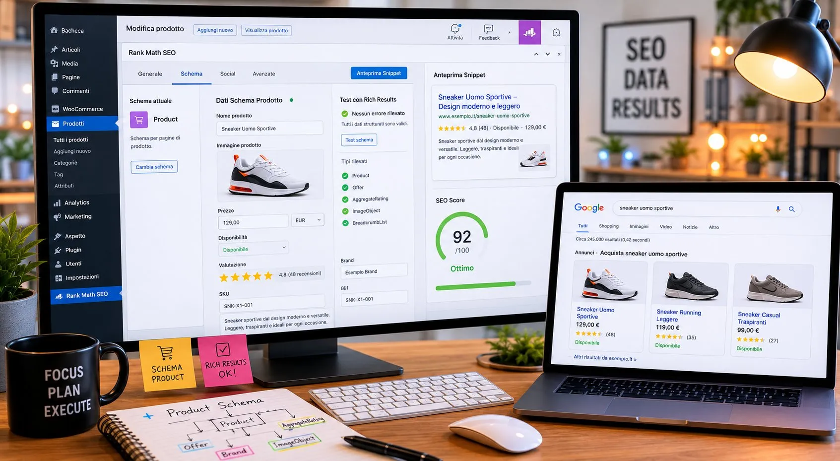 SEO WooCommerce: Guida per Negozi Italiani 7 WordPress WooCommerce con Rank Math Schema tab, anteprima snippet, SEO score 92 e tablet con Google Shopping rich results