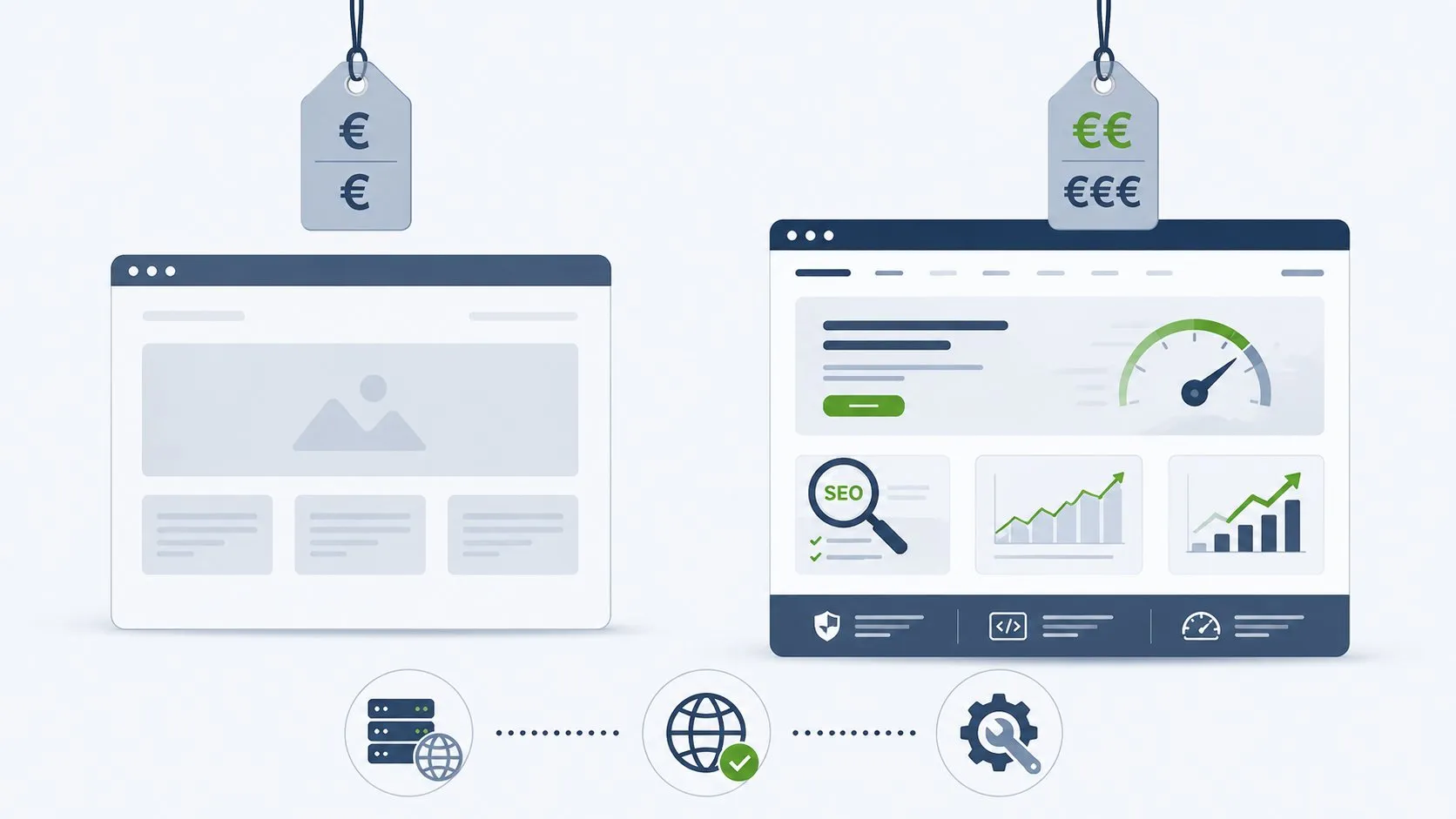 Quanto costa un sito web professionale per una PMI nel 2026 5 Confronto: sinistra sito economico con cartellino prezzo basso, destra sito ottimizzato con metriche SEO crescita e investimento