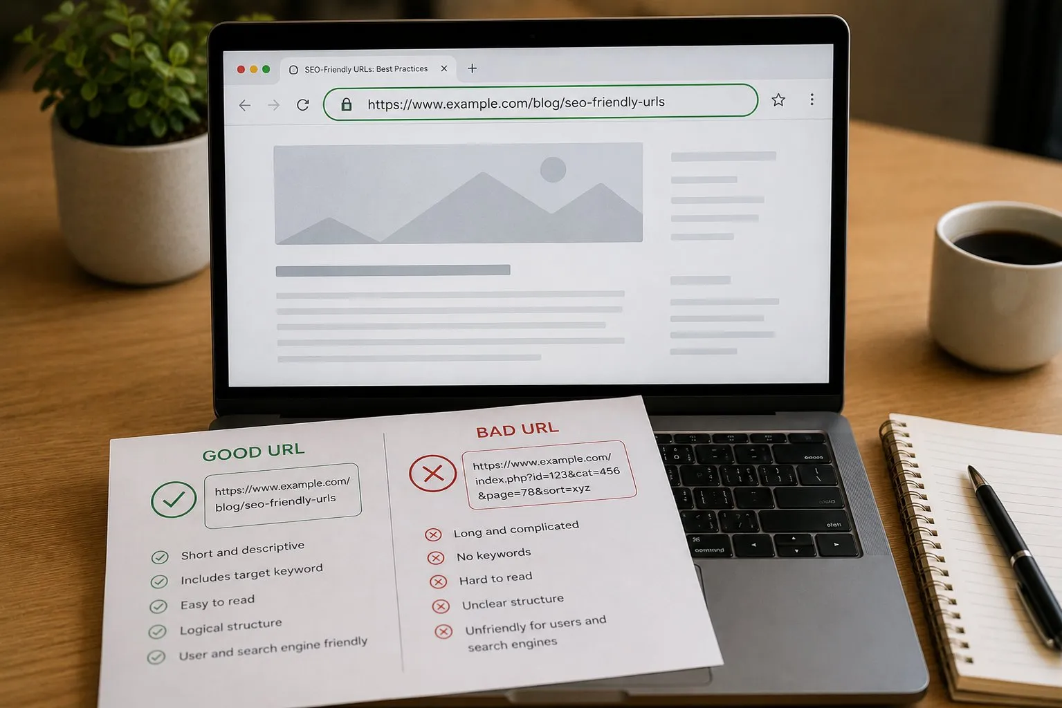 Struttura URL SEO-Friendly: Best Practice 7 Browser con URL SEO-friendly e foglio confronto good URL breve e descrittivo vs bad URL lungo con parametri dinamici