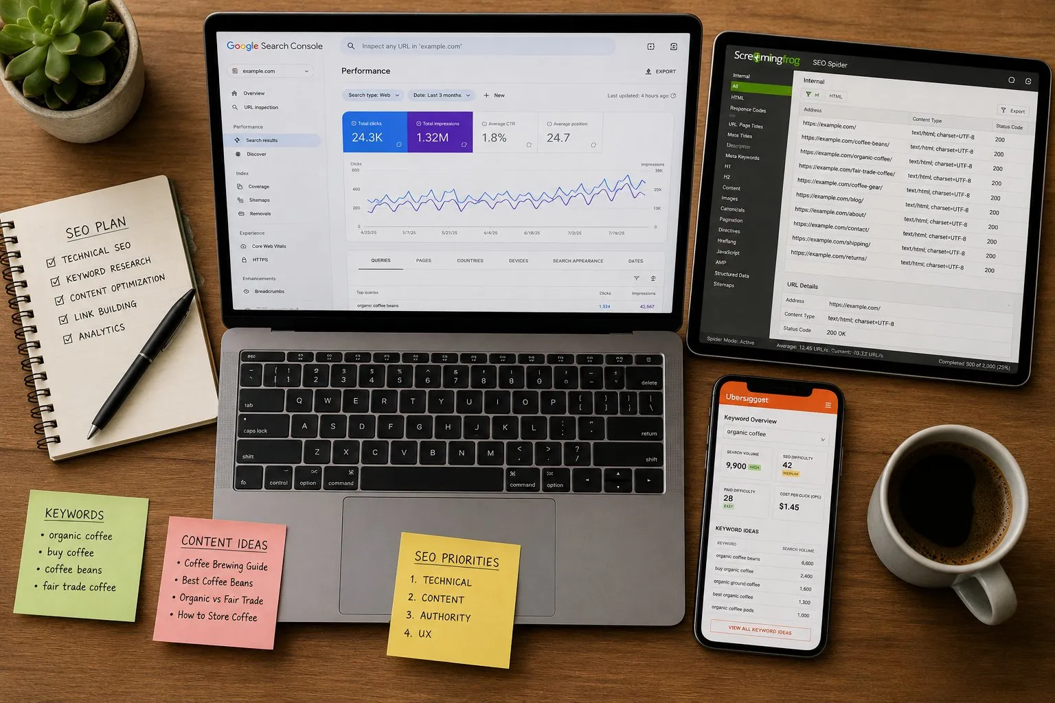 Scrivania con laptop Google Search Console, tablet Screaming Frog, smartphone Ubersuggest e post-it con SEO plan e keyword