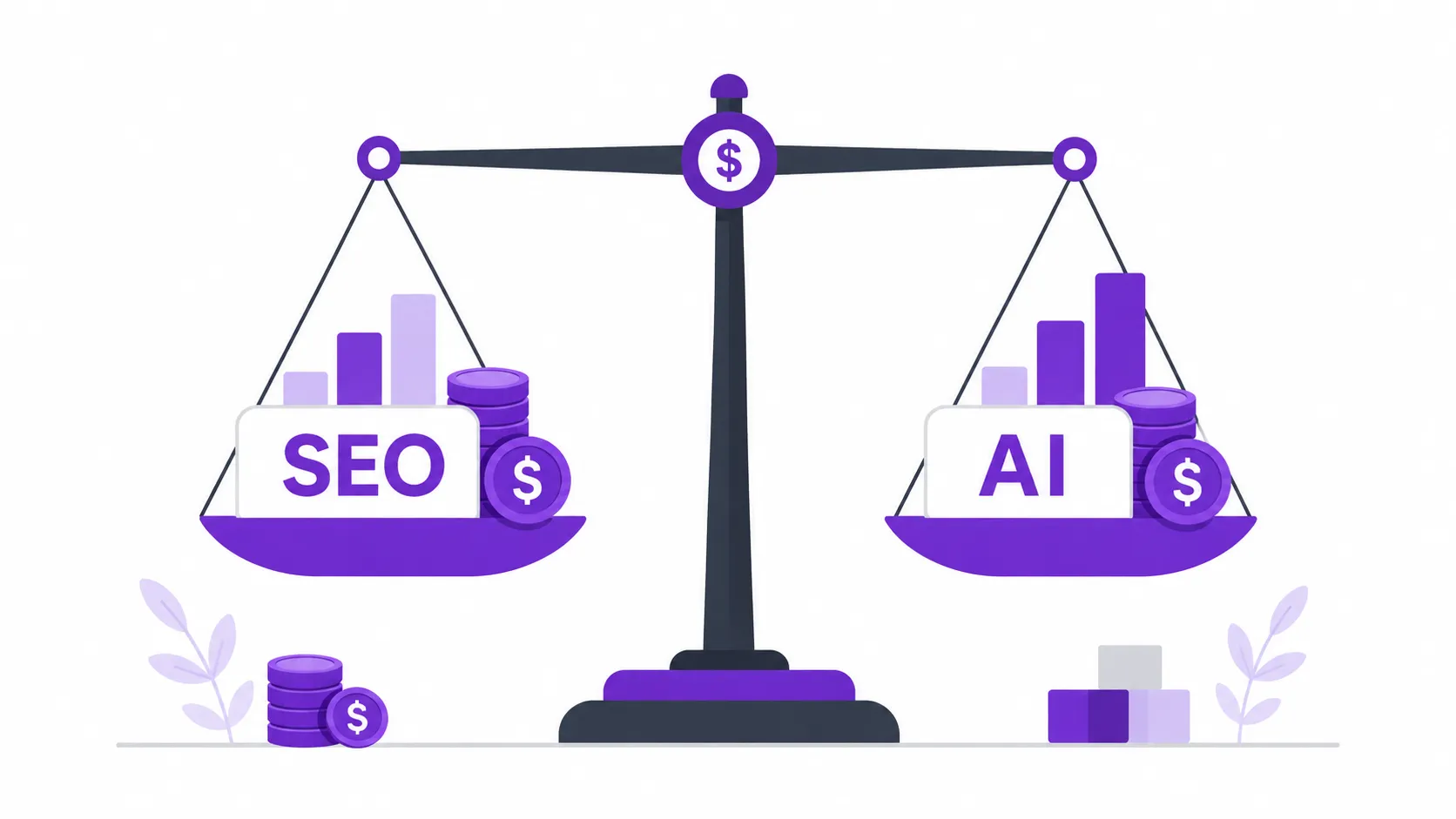 Budget limitato: meglio investire in SEO o nella visibilità sulle AI? 5 Bilancia con SEO e AI sui due piatti, grafici a barre e monete su entrambi i lati: la visibilità AI è un'estensione della SEO, non un'alternativa