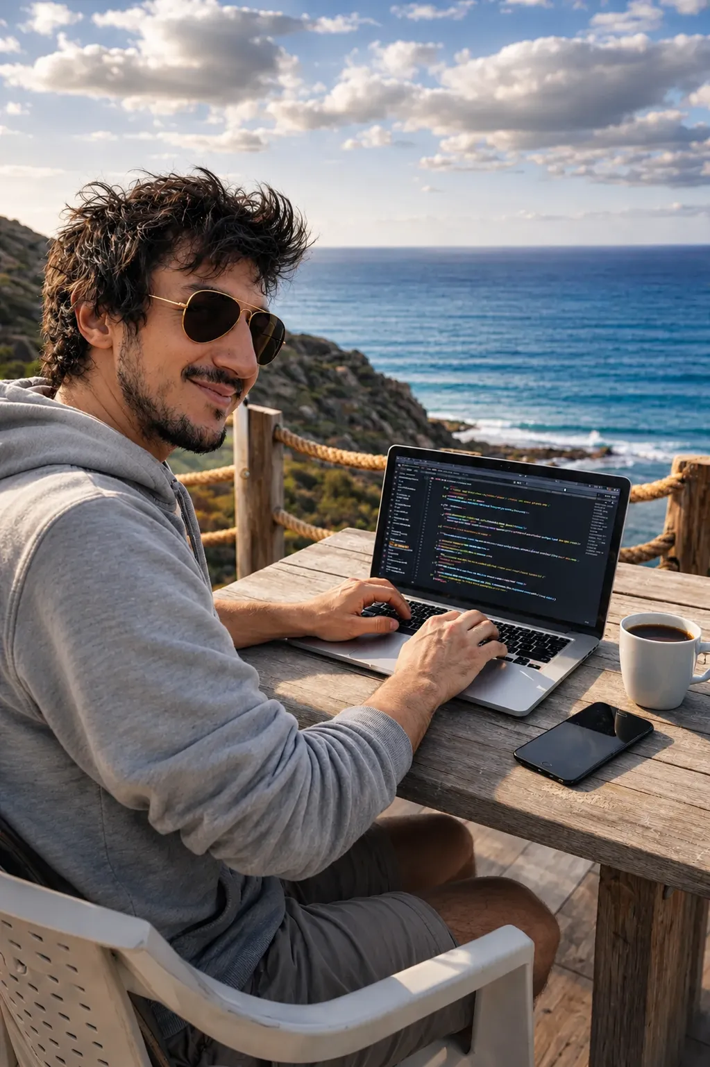 Gabriele Bertoloni a Lanzarote mentre lavora al computer