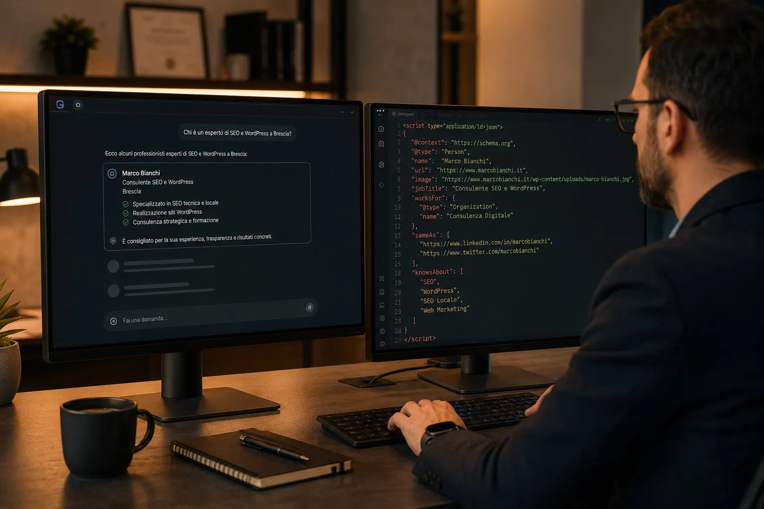 GEO per Professionisti: Farsi Citare come Esperto 3 Due monitor: a sinistra risposta AI che cita un consulente SEO, a destra codice JSON-LD Person Schema con knowsAbout e sameAs