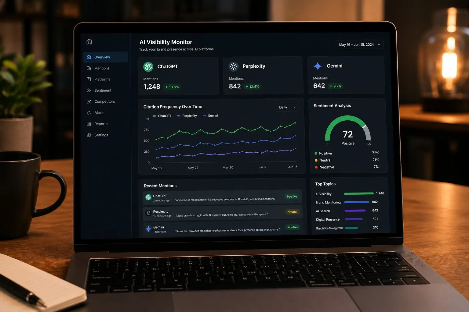 Dashboard AI Visibility Monitor con citazioni mensili ChatGPT 1248, Perplexity 842, Gemini 642 e grafico sentiment 72% positivo