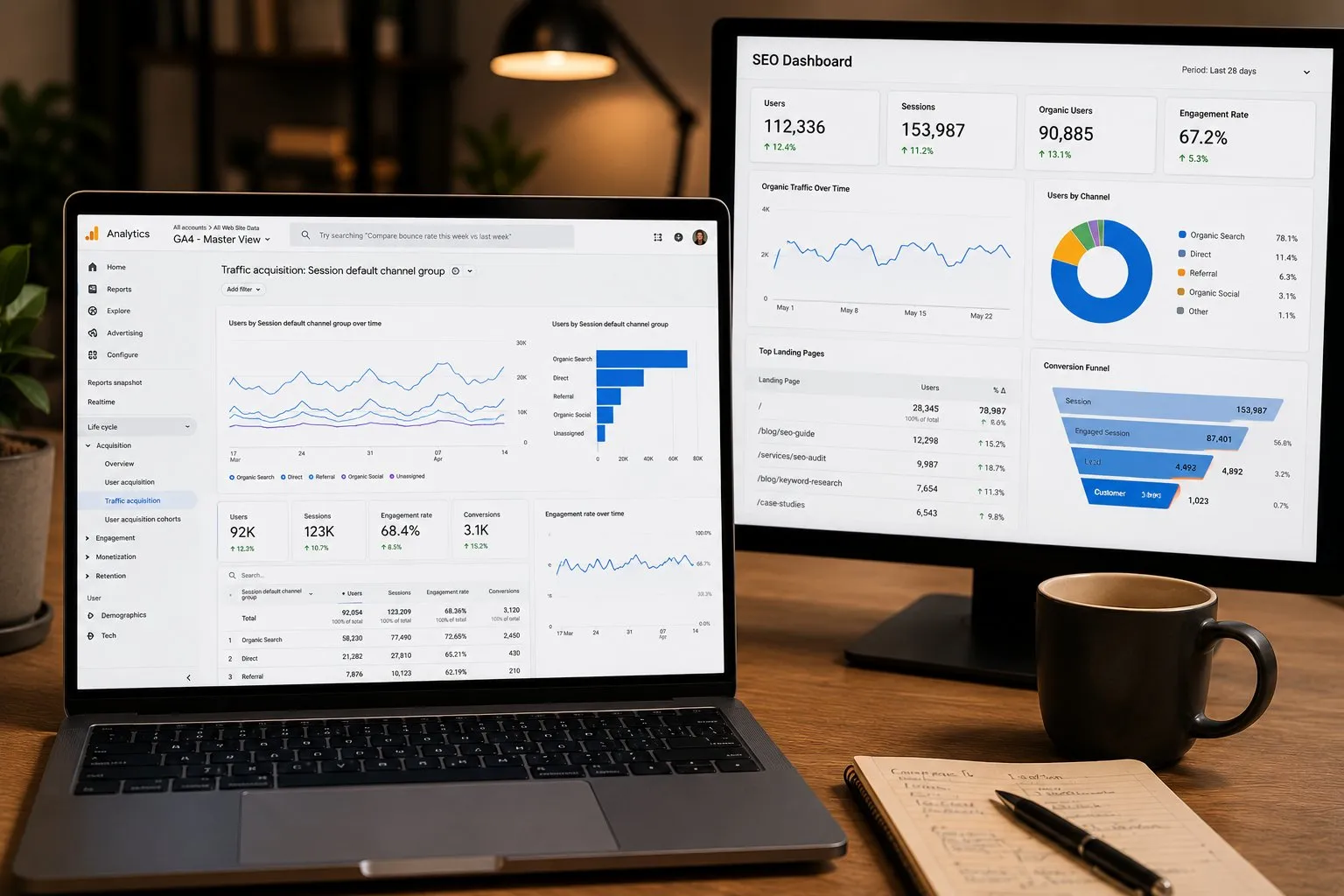Laptop con GA4 traffic acquisition e monitor con SEO dashboard: organic search 78%, funnel conversioni e top landing page