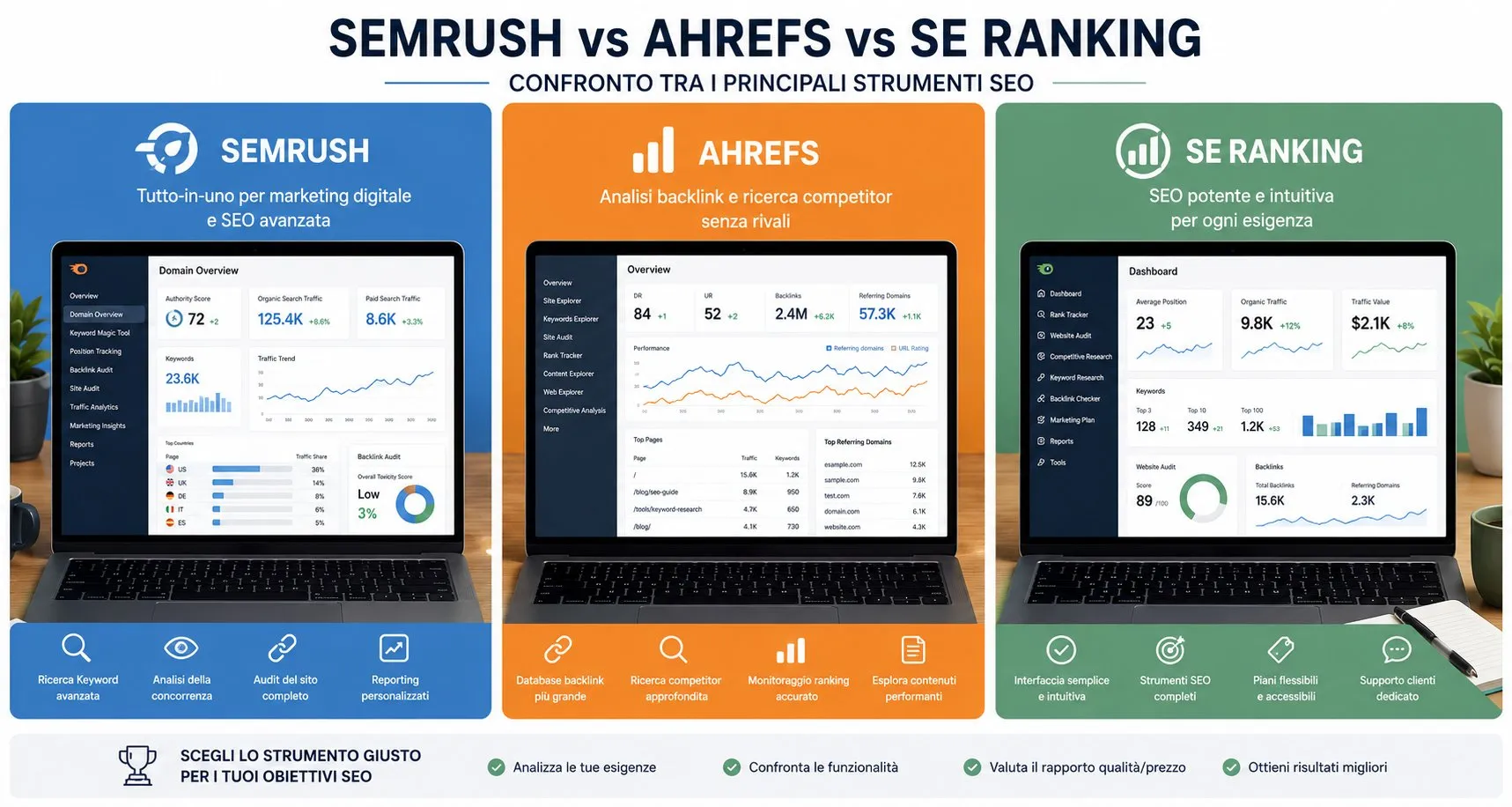 Infografica confronto Semrush tutto-in-uno, Ahrefs per backlink e competitor, SE Ranking per PMI con dashboard e funzionalità