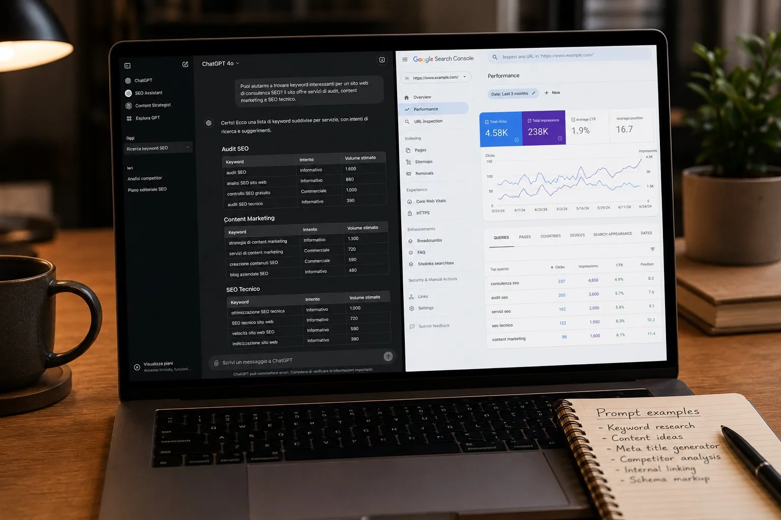 Laptop con ChatGPT che genera keyword research SEO a sinistra e Google Search Console con metriche organiche a destra