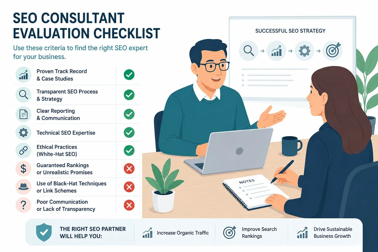Infografica checklist consulente SEO: criteri positivi come case study e white-hat, criteri negativi come promesse garantite