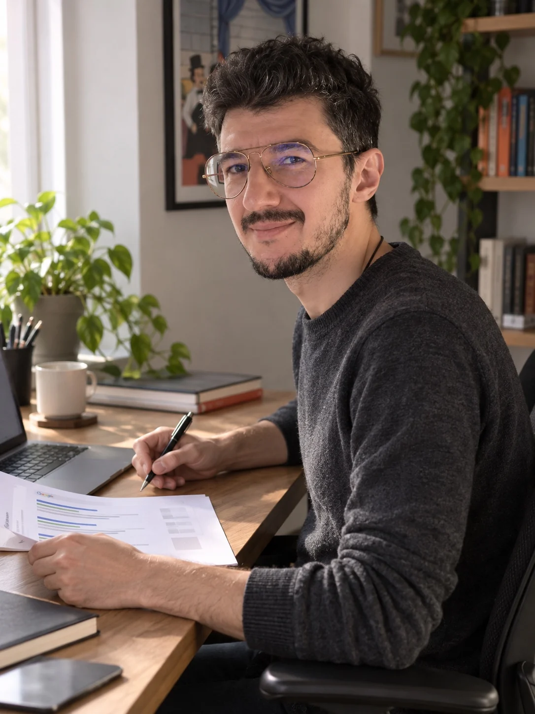 Gabriele Bertoloni analizza un progetto SEO alla scrivania